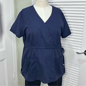 Koi by Kathy Peterson 3X Navy Wrap Scrub Top Floral Trim